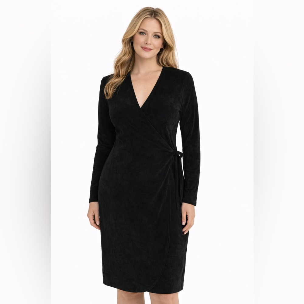 Vintage 90s Carabella Black Wrap Dress Medium Long Sleeve Minimalist Classic
